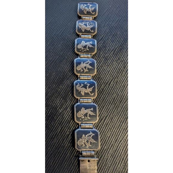 Vintage Siam Niello Sterling Silver Signed BB Sterling Panel Link Bracelet - Picture 2 of 7